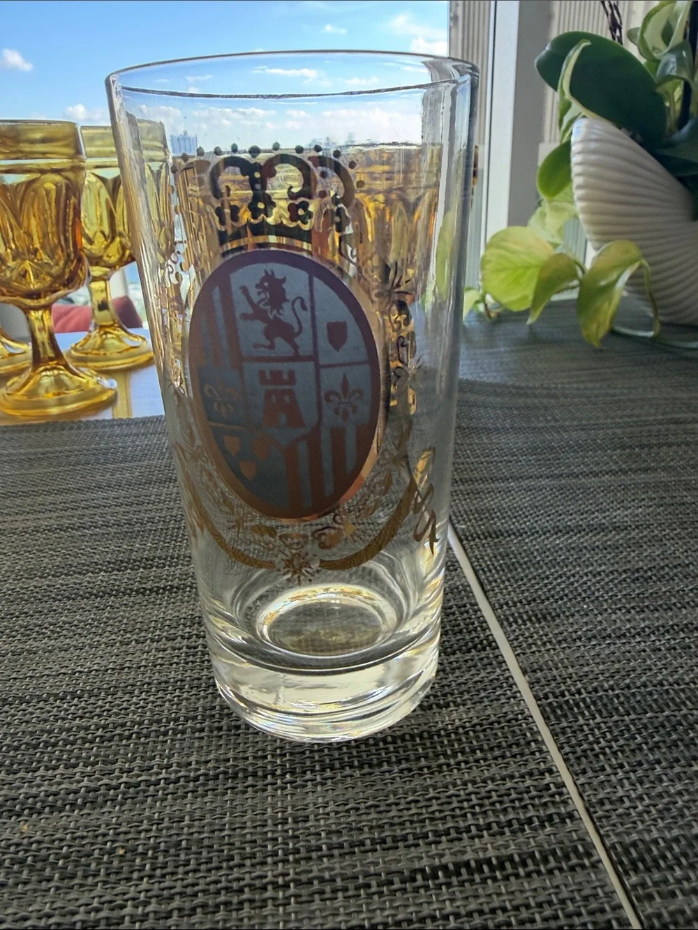 Gold Crest Highball Glasses with Blue and Brown Accents - Set of 8
